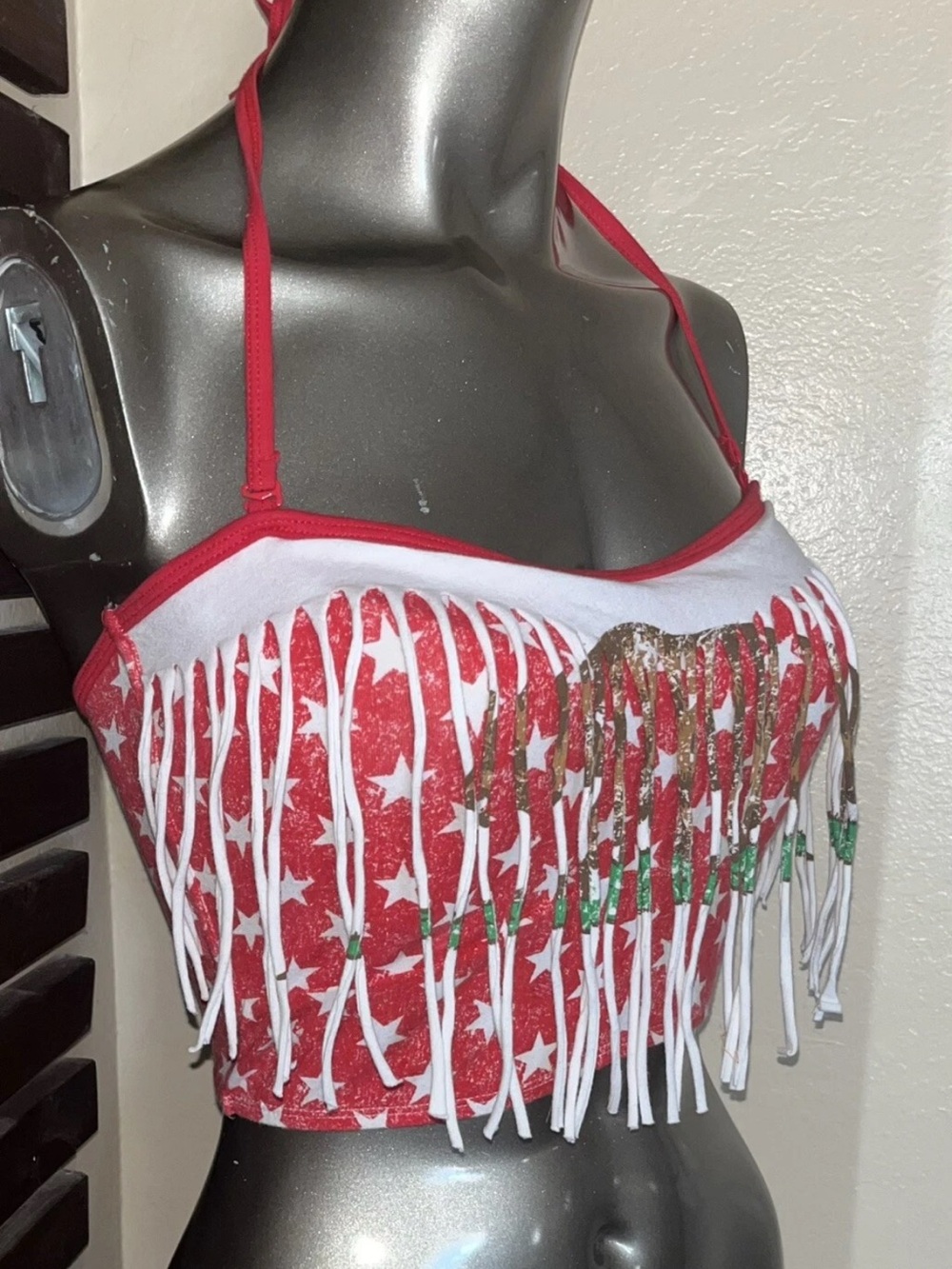 Red White Star CA Bear Spaghetti Halter Strap Strapless Tube Crop Top